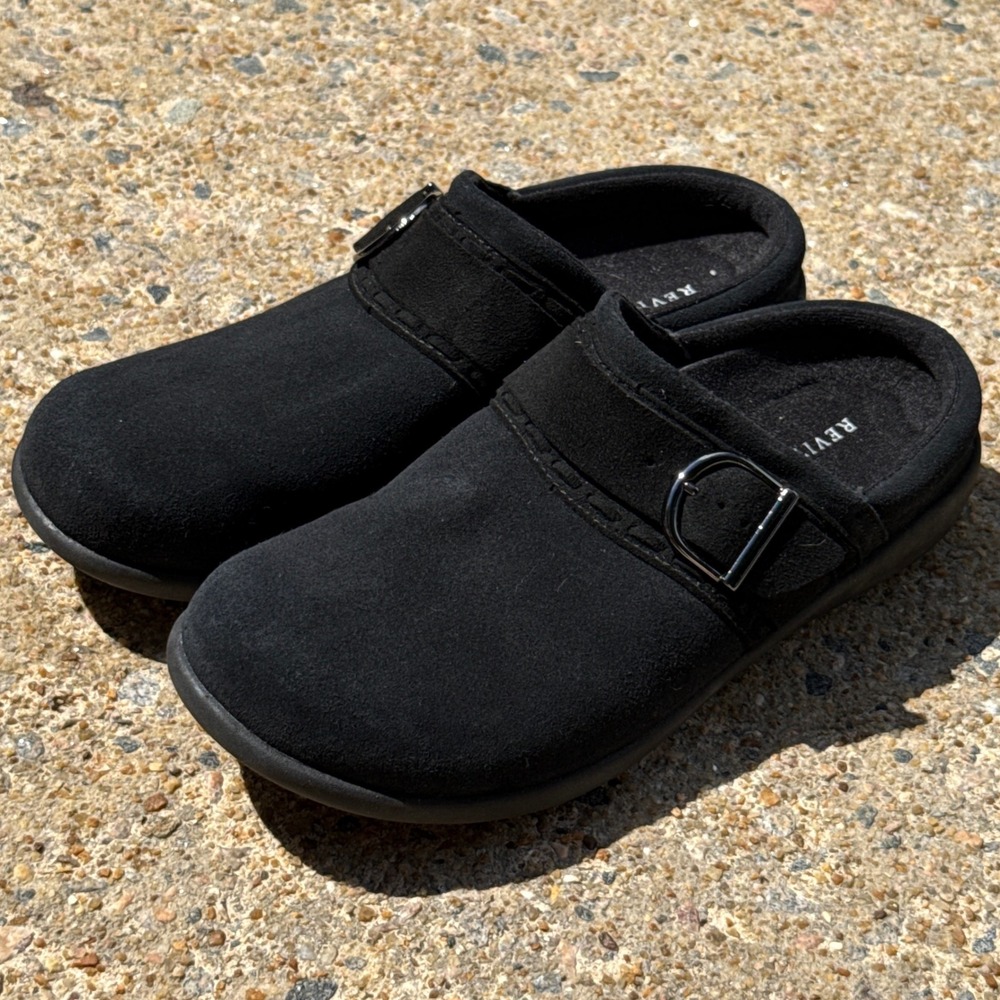 Revitalign Black Suede Orthotic Mules Clogs Buckle Slip On Shoes Womens 9B